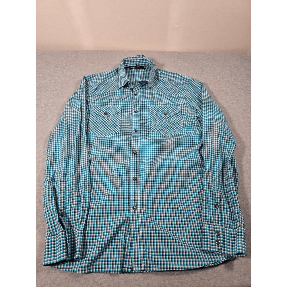 Kenneth Cole New York Mens Medium Teal Gingham Snap Front Western Shirt L/S